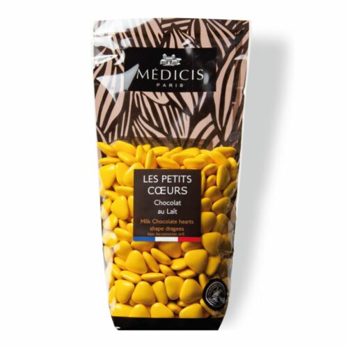 Dragée en forme de cœur de couleur jaune au chocolat au lait !