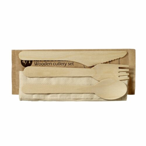 Kit de Couvert en Bois WAX - Couteau + Fourchette + Cuillère + Serviette