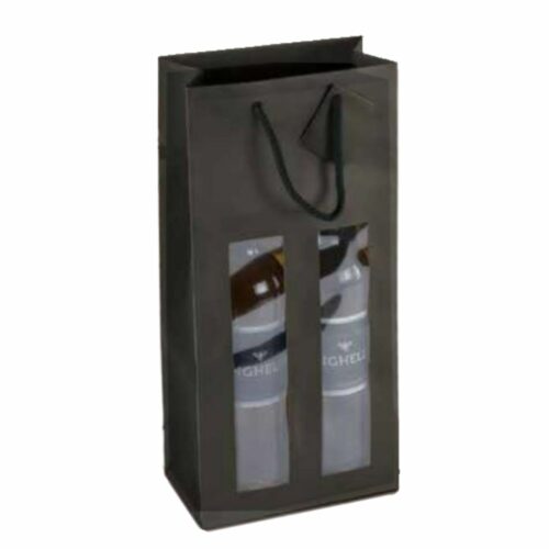 Emballage pour deux bouteilles en kraft. Sac pour deux bouteilles de couleur noir avec fenêtre et cordon