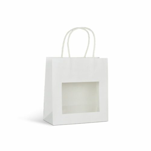 Sac en kraft blanc avec fenêtre transparente. Sac kraft à poignée torsadée