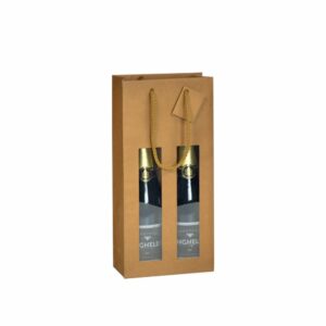 Emballage pour deux bouteilles en kraft. Sac pour deux bouteilles de couleur kraft avec fenêtre et cordon