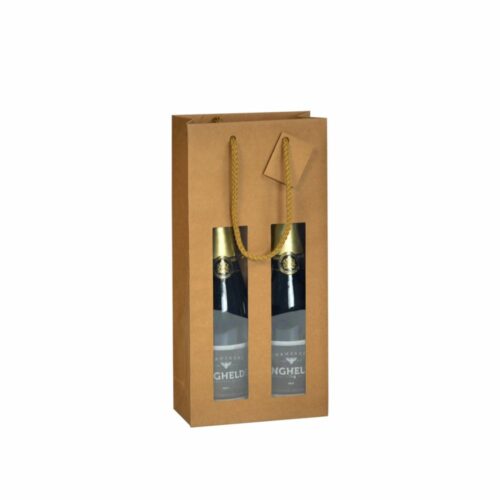 Emballage pour deux bouteilles en kraft. Sac pour deux bouteilles de couleur kraft avec fenêtre et cordon