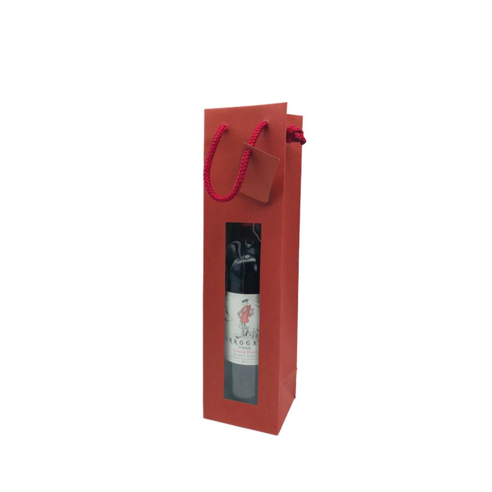 maison-deffes-emballage-sac-kraft-rouge-1-bouteille Emballage pour une bouteille en kraft. Sac pour une bouteille de couleur rouge avec fenêtre et cordon