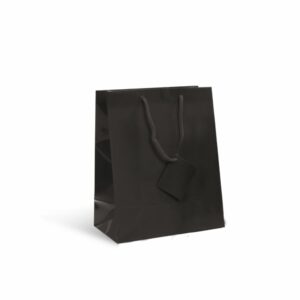 Sac luxe couleur noir. Sac pelliculé brillant avec cordon pour poignée et une carte pour écrire quelques mots. Sac réutilisable