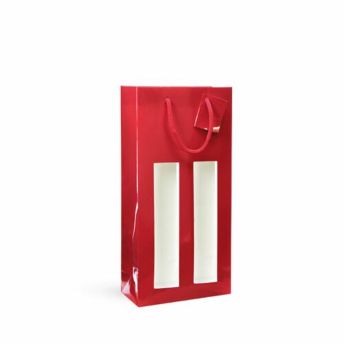Emballage pour deux bouteilles. Sac pour une bouteille de couleur rouge avec fenêtre et cordon