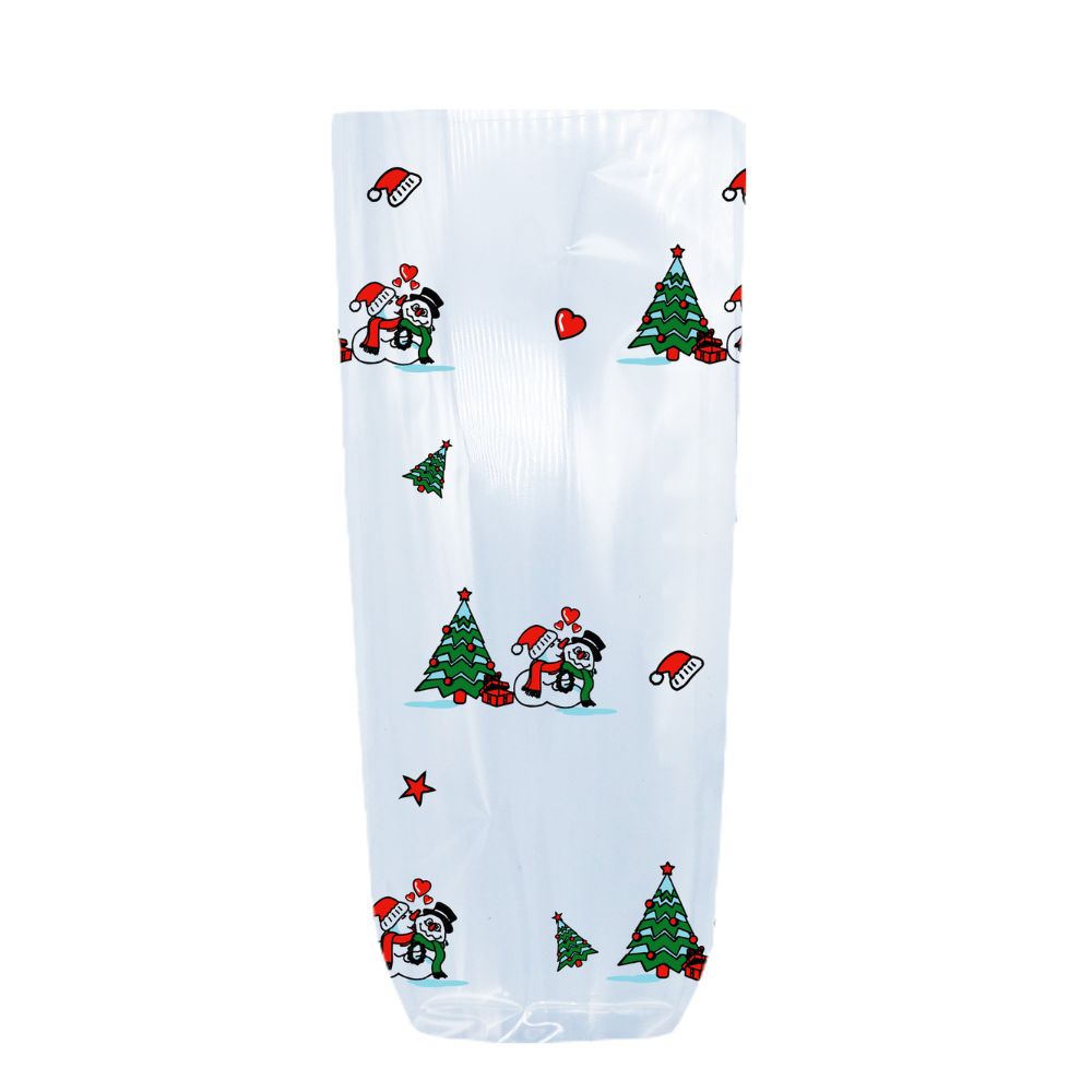 maison-deffes-emballage-sac-polypro-decor-christmas-kiss Sachet Polypro transparent. Sachet transparent avec fond cartonné pour tenir debout. Sachet transparent décor sapin de noel pour confiseries !