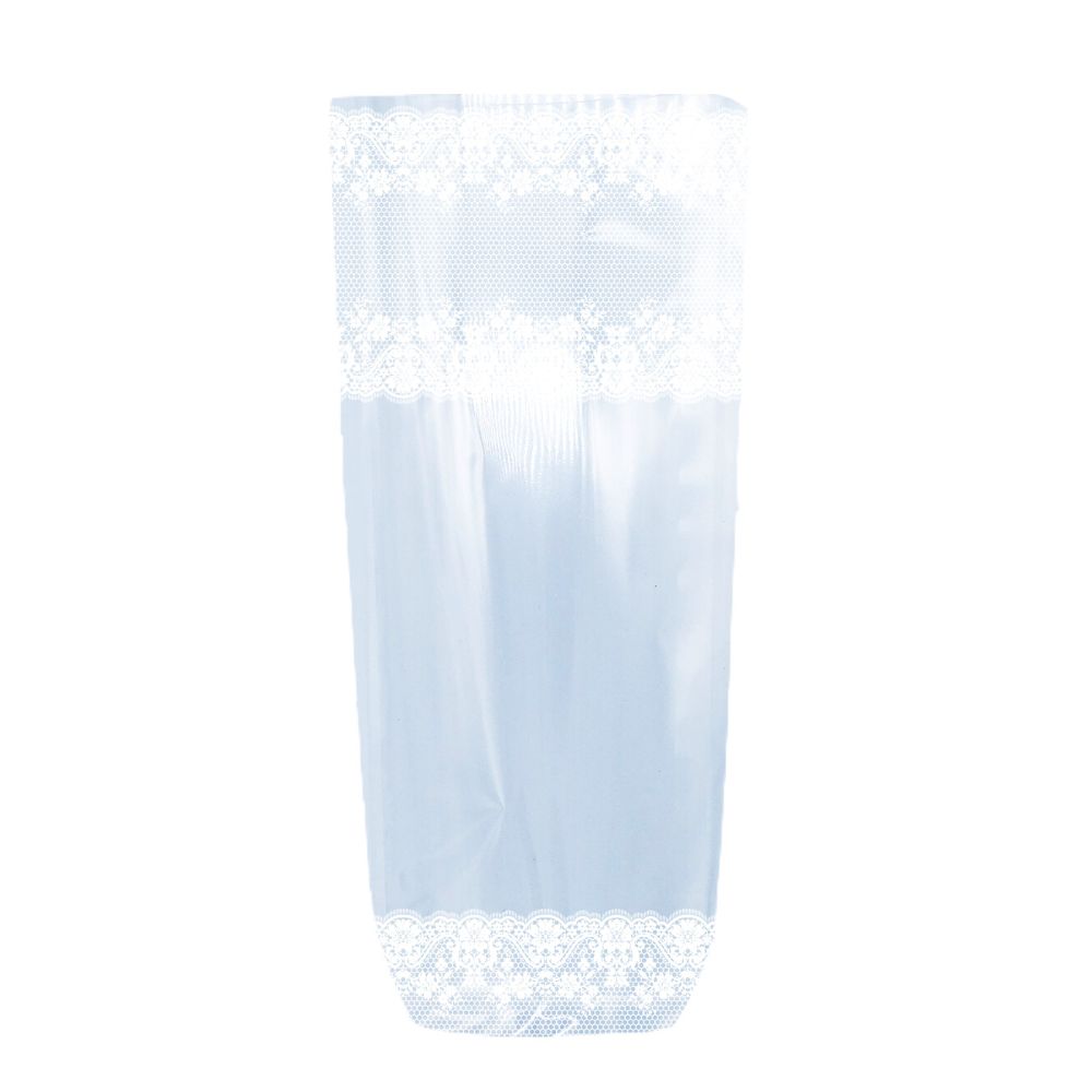 maison-deffes-emballage-sac-polypro-decor-dentelle-blanc Sachet Polypro transparent. Sachet transparent avec fond cartonné pour tenir debout. Sachet transparent décor dentelle blanche pour confiseries !