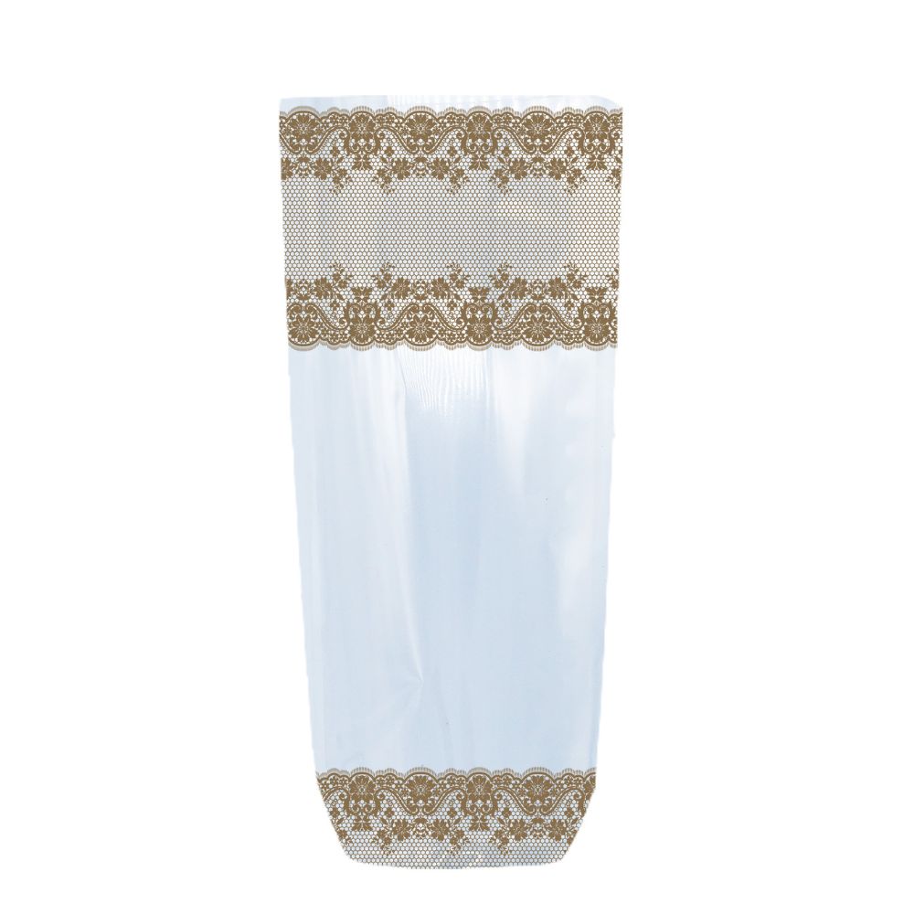 maison-deffes-emballage-sac-polypro-decor-dentelle-or Sachet Polypro transparent. Sachet transparent avec fond cartonné pour tenir debout. Sachet transparent décor dentelle dorée pour confiseries !