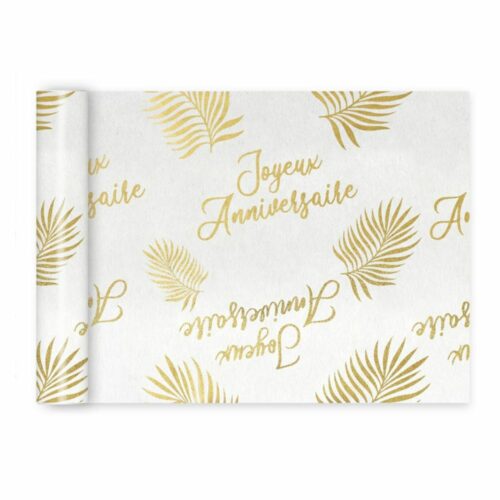 Chemin de table en polyester, imprimé "joyeux anniversaire" couleur jaune et blanc