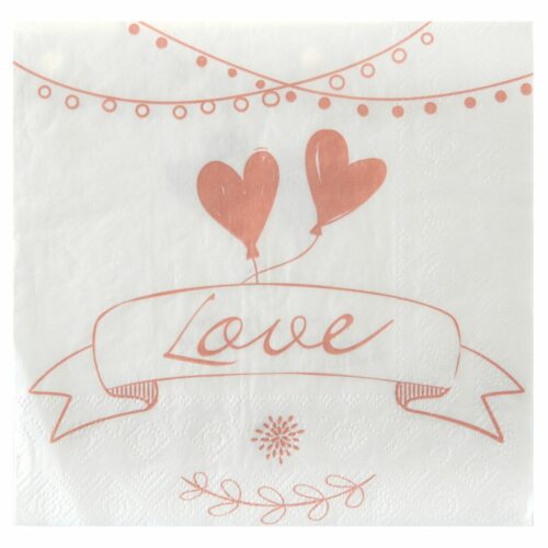 Serviette 33x33 cm, Imprimé "love". couleur rose et blanc.