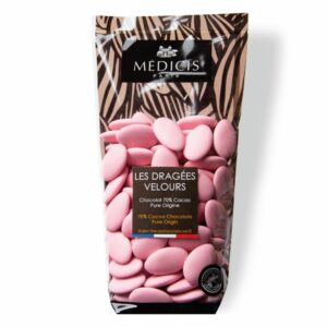 Dragée décor Velours en chocolat 70% de cacao. Dragée couleur Rose Quartz