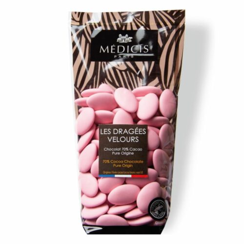 Dragée décor Velours en chocolat 70% de cacao. Dragée couleur Rose Quartz