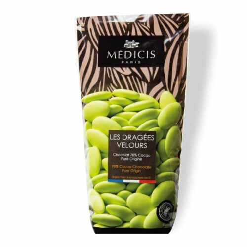 Dragée décor Velours au chocolat 70% cacao. Dragée couleur vert Pomme