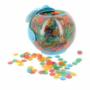 Seau de 3000 pions de marquage multicolore pour jouer à la rifle et au loto.